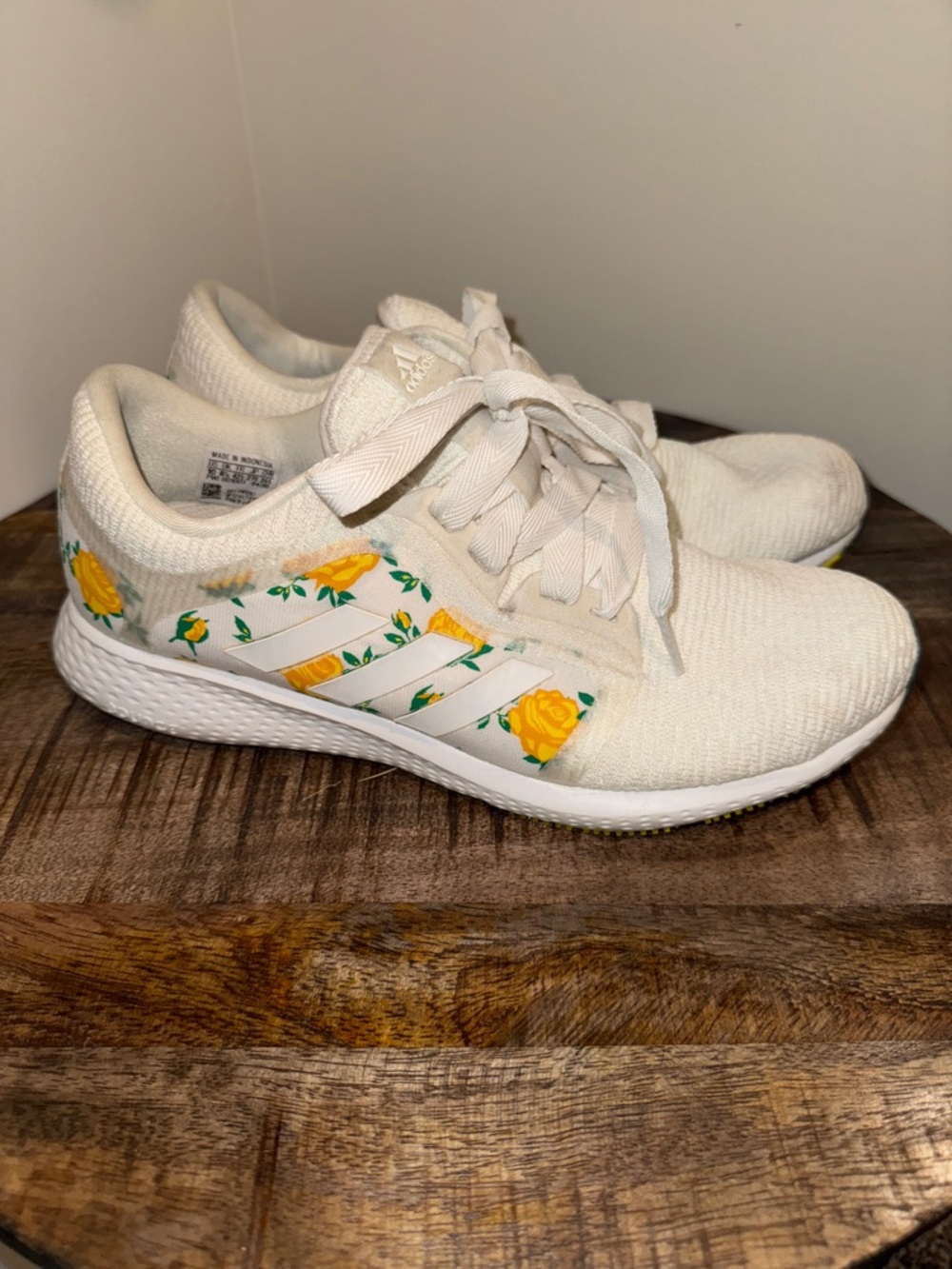 adidas Women’s White Knit Sneakers with Yellow Floral Accents